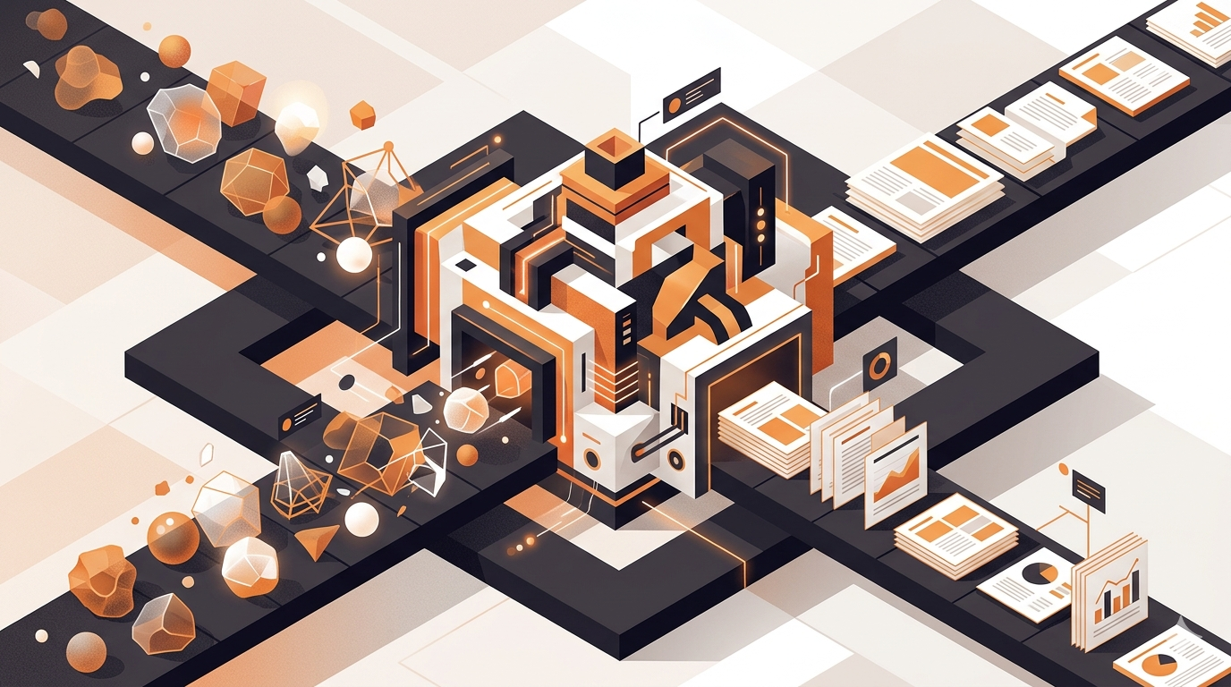 Isometric illustration of a production system with raw shapes entering from the left and structured documents and reports emerging on the right, processed through a central machine.