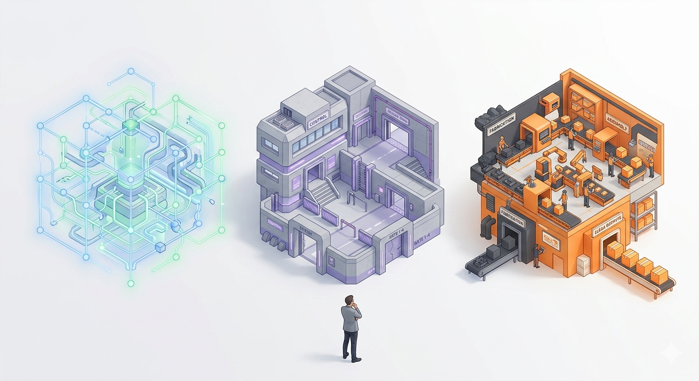 Isometric illustration of three distinct structures — a glowing network, a controlled architectural complex, and an orange production facility — with a single human figure standing in front of all three.