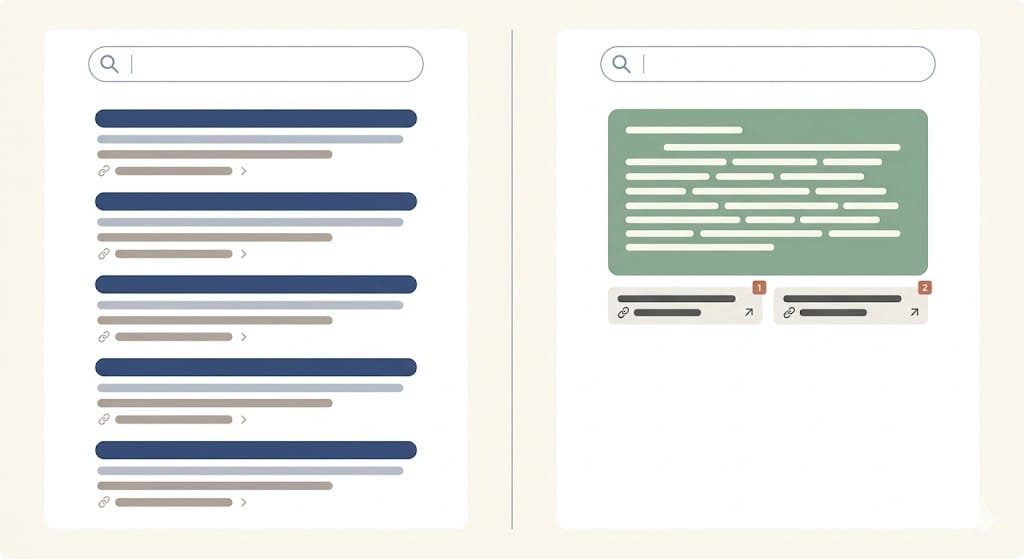 Two search result screens side by side: on the left, a traditional list of blue links; on the right, a single AI-generated answer with two cited sources beneath it.