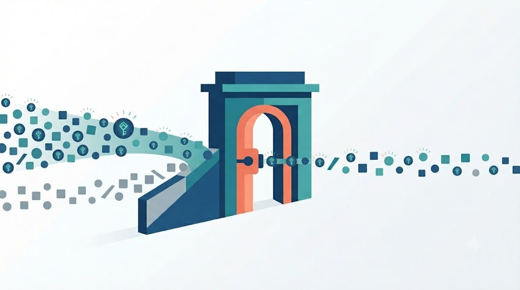 A flat-design illustration of a single stream of data arriving at a gateway, where most of it passes through carrying a token while a smaller part is turned away without one.