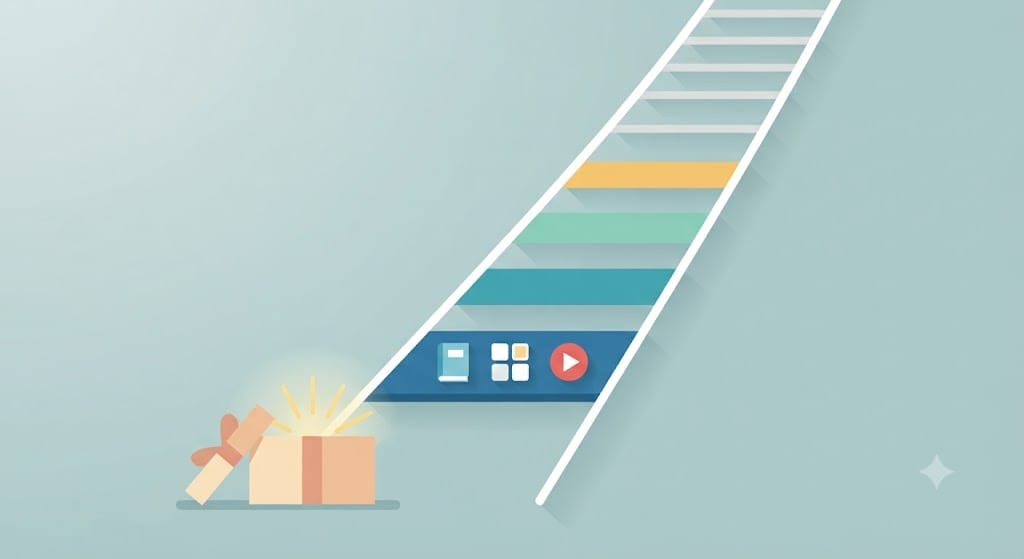 Flat design illustration of a ladder rising diagonally, with wide colourful lower rungs narrowing to empty grey rungs at the top. An open gift box glows at the base, and icons of a book, a template grid and a play button rest on the widest rung.