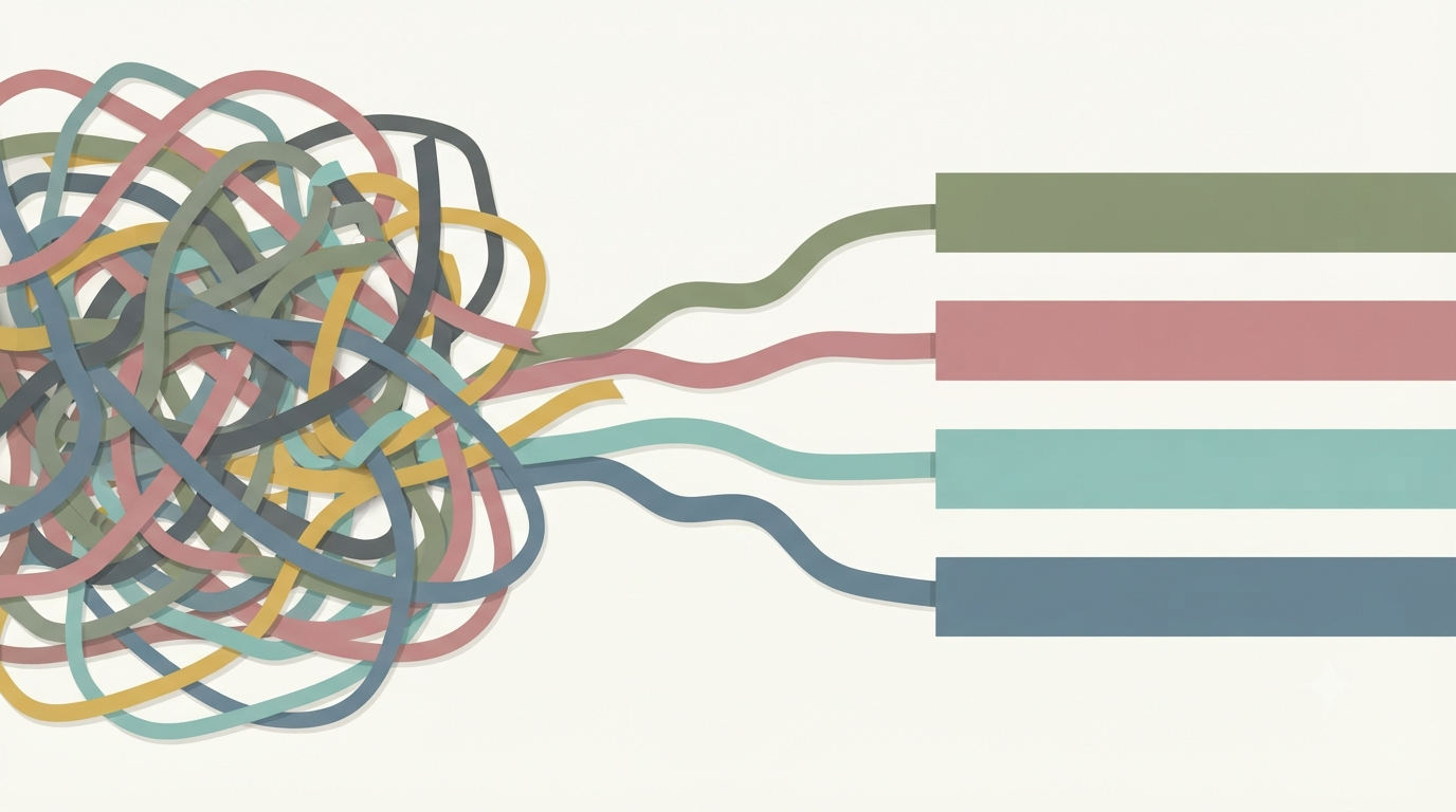 A tangled knot of ribbons on one side gradually resolving into four neatly separated, evenly spaced panels on the other, representing structure replacing disorder.
