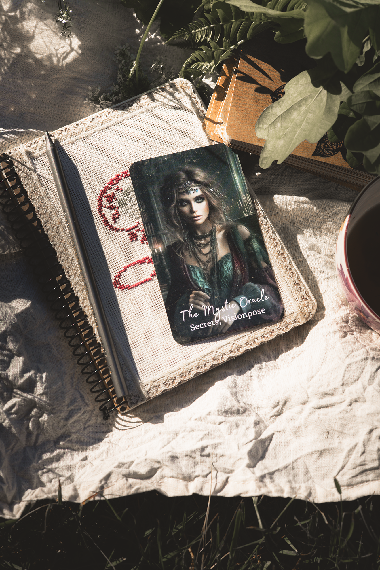The Mystic Oracle card resting on an embroidered notebook among green leaves in warm natural sunlight.