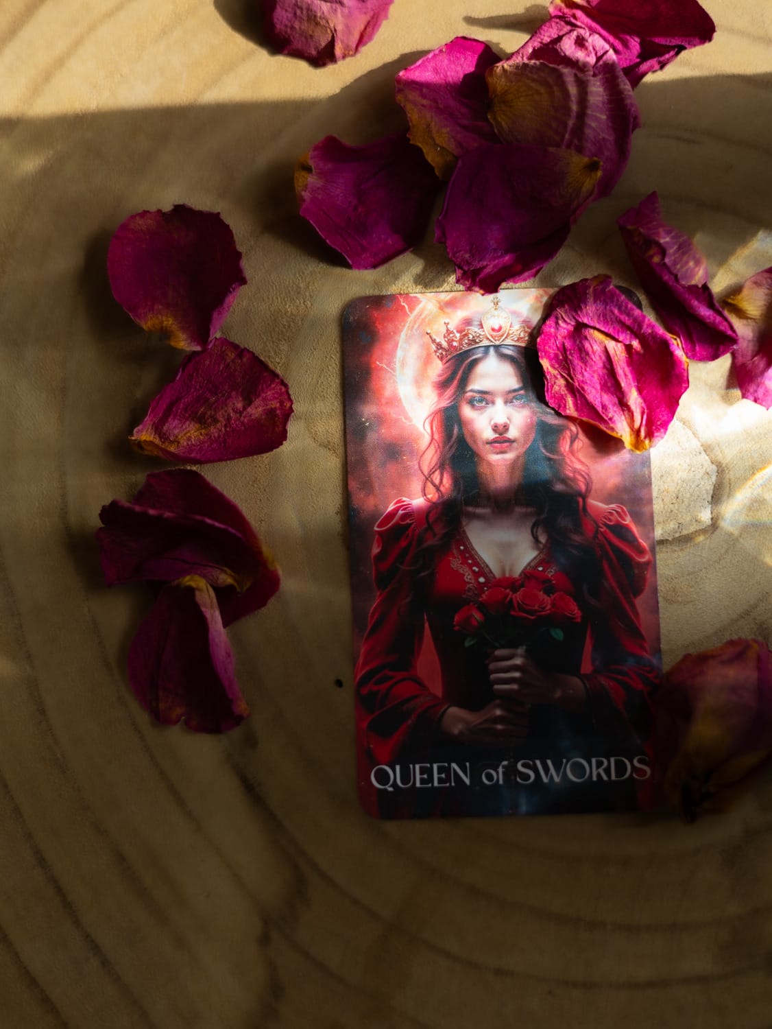 Queen of Swords tarot card resting on a wooden surface, surrounded by deep red dried rose petals in warm sunlight.