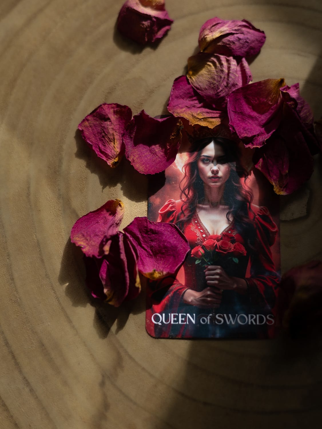 Queen of Swords tarot card surrounded by dried burgundy rose petals on a natural wooden surface, illuminated by directional sunlight.