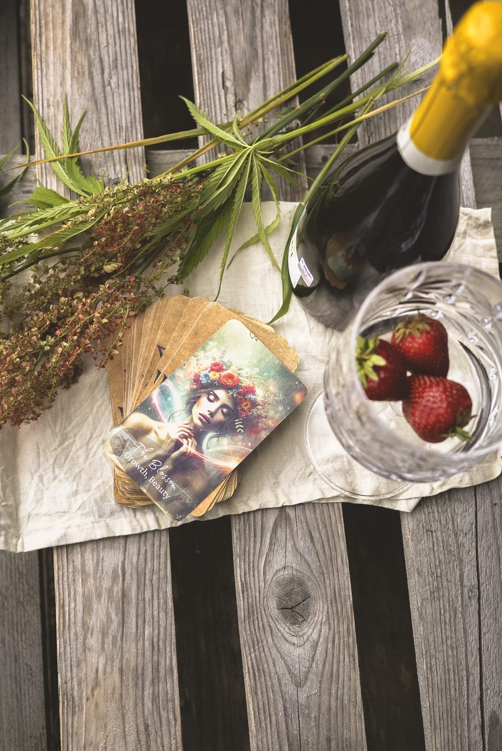 arot cards arranged on a rustic wooden table with flowers, a bottle and fresh strawberries.