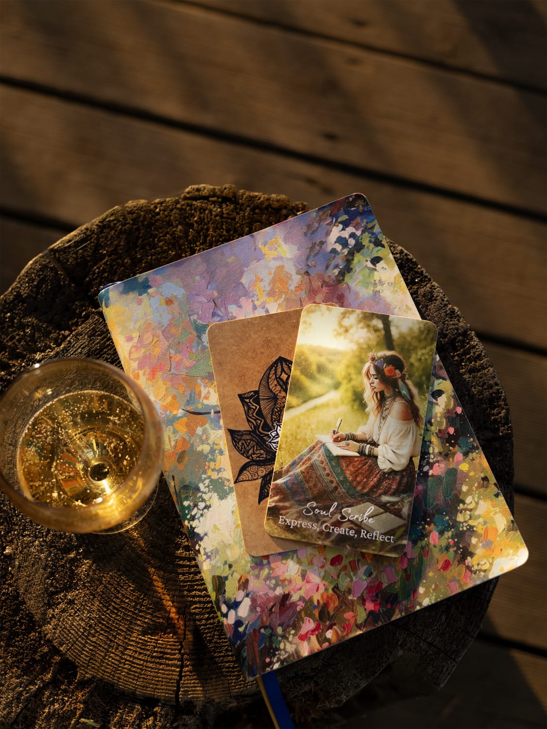Soul Scribe card on a wooden table beside a notebook and writing tools.