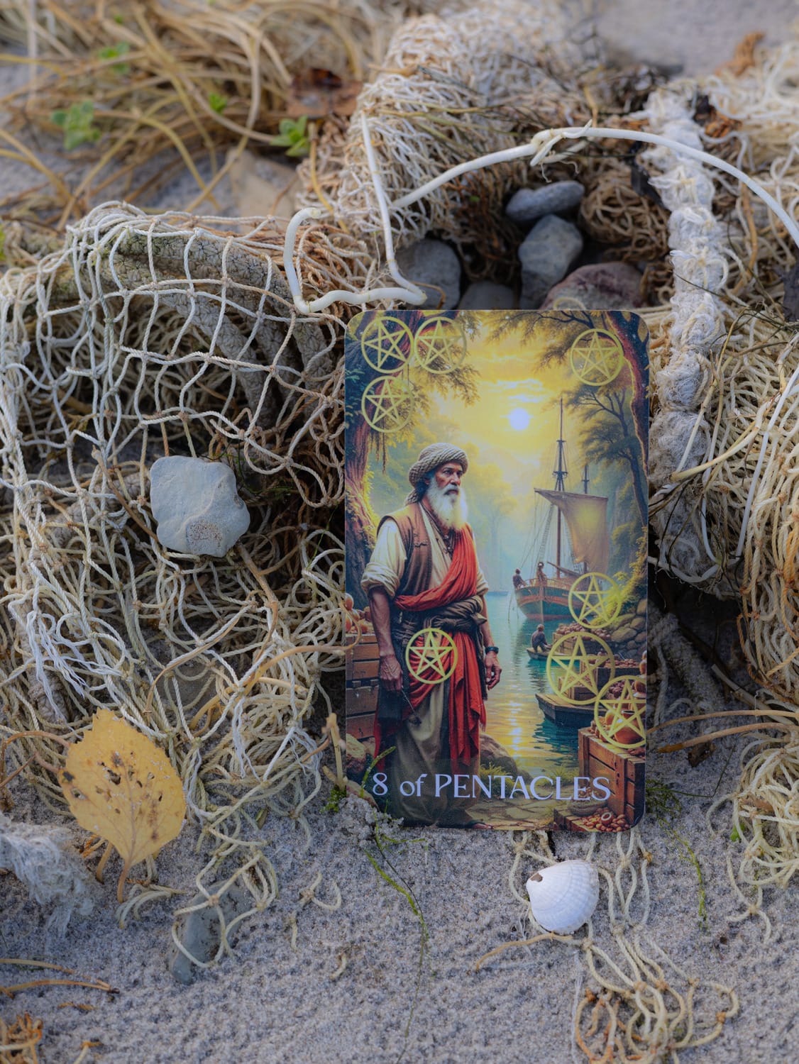 The Eight of Pentacles Tarot card placed in a coastal setting among fishing net, stones, sand and a seashell.