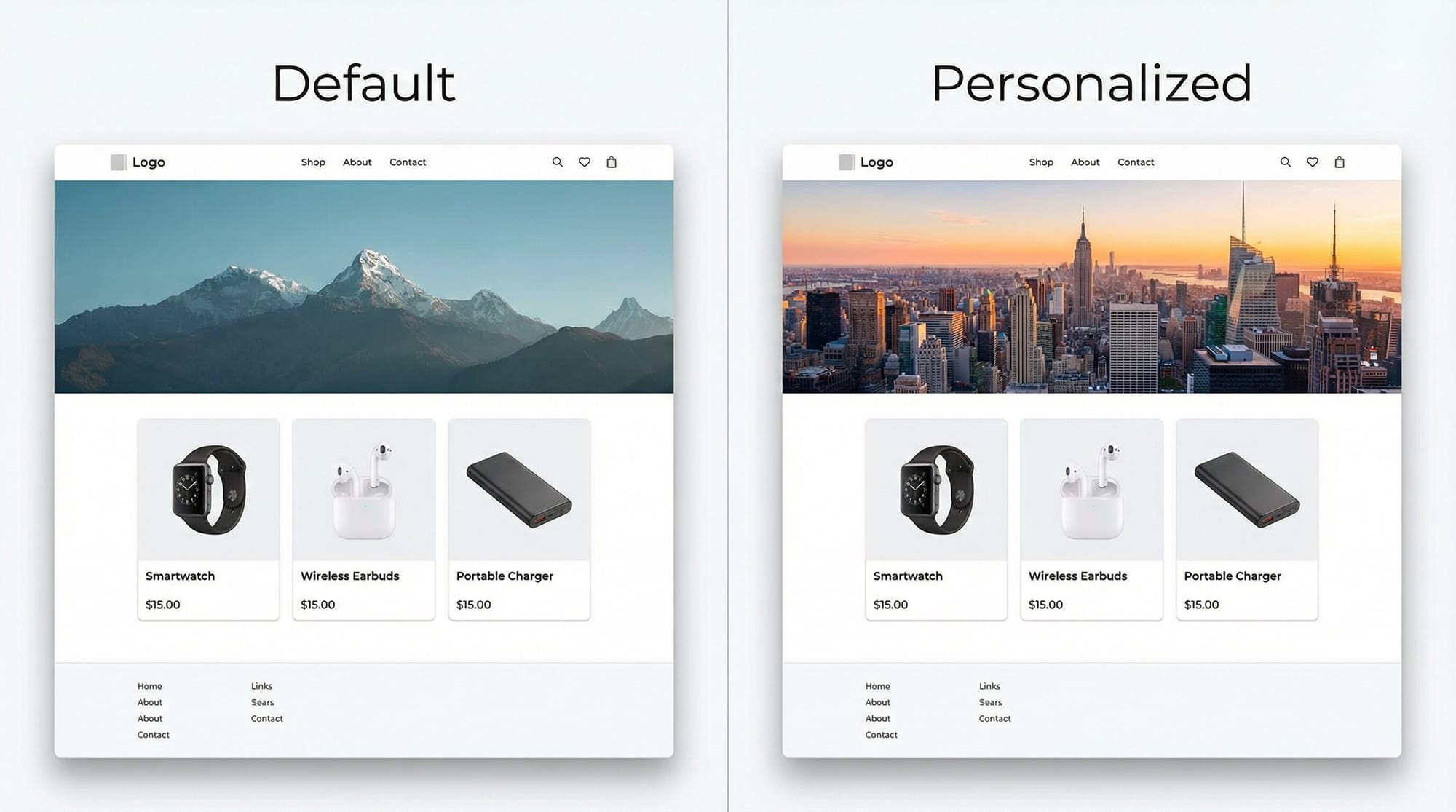 Before and after content personalization - default generic banner versus personalized location-specific banner on the same page