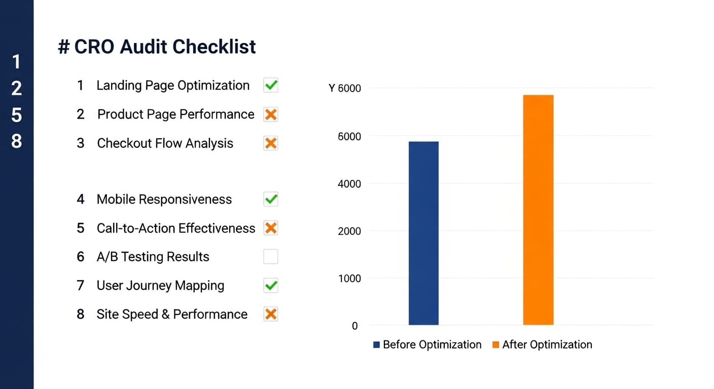 CRO audit framework dashboard showing a step-by-step checklist for ecommerce website optimization areas
