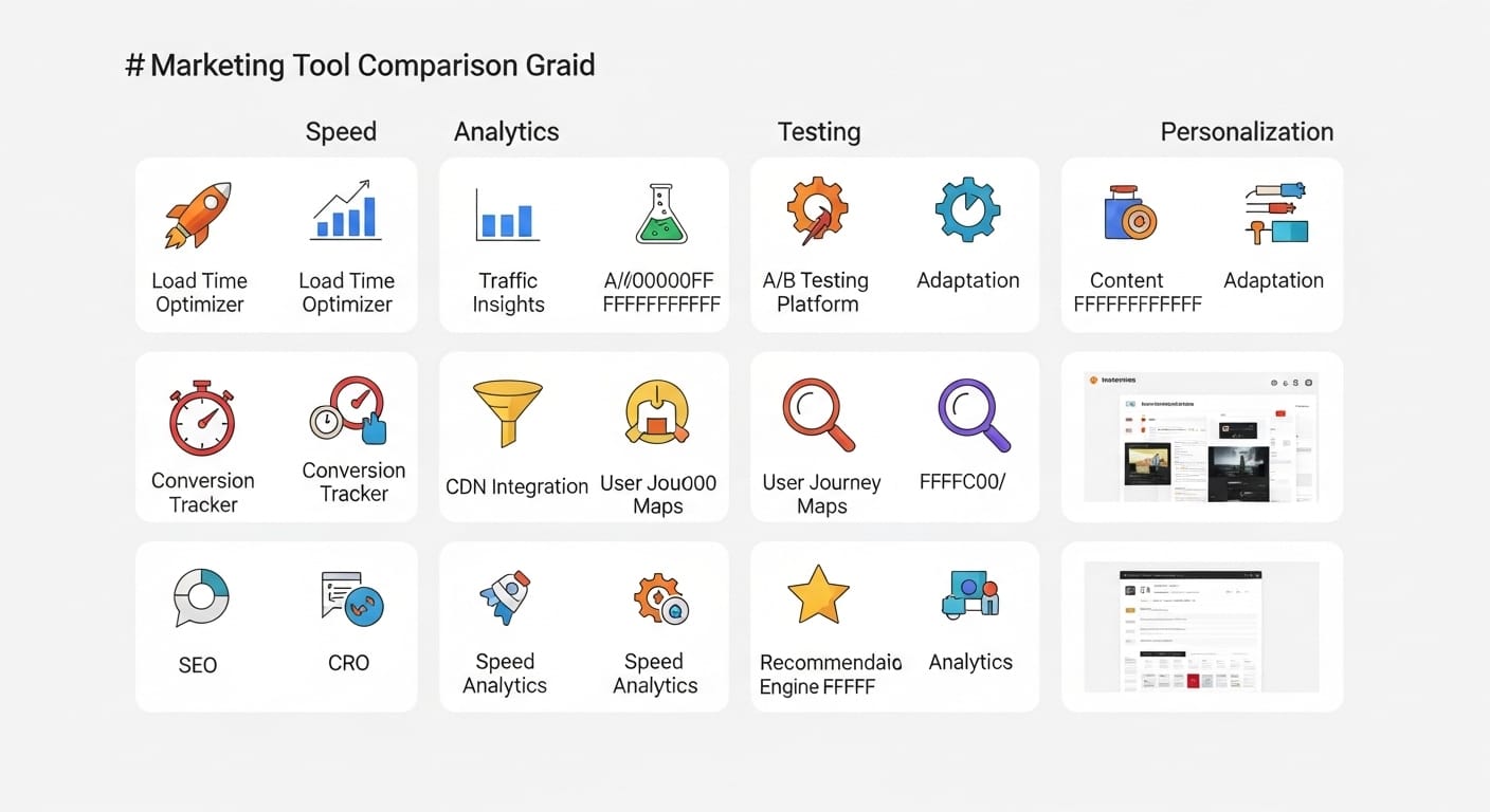 Website optimization tools comparison grid showing 16 tools across speed, analytics, testing, personalization, SEO, and CRO categories