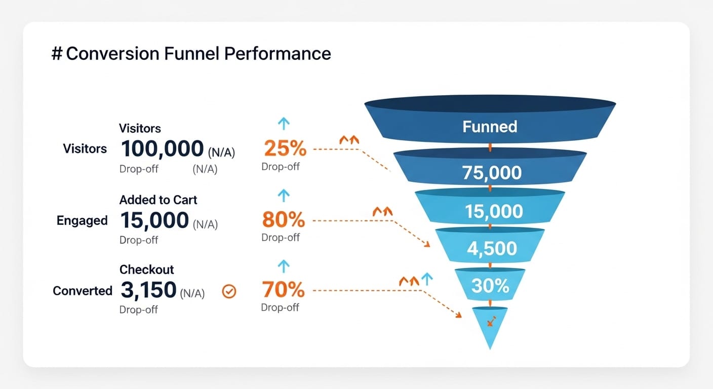 Conversion analysis dashboard showing a marketing funnel with visitor-to-conversion stages and trend data