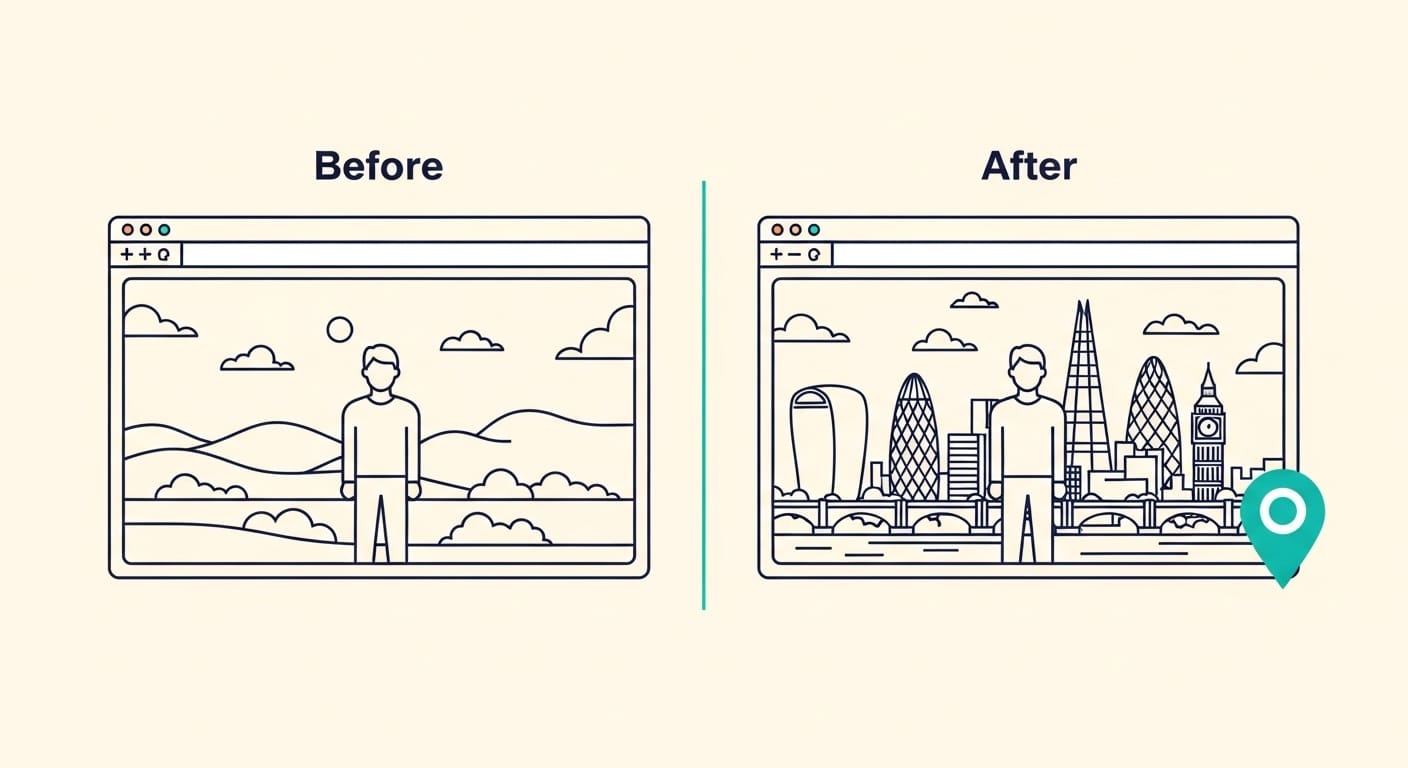 Side-by-side browser comparison showing generic page versus location-personalized page for a London visitor
