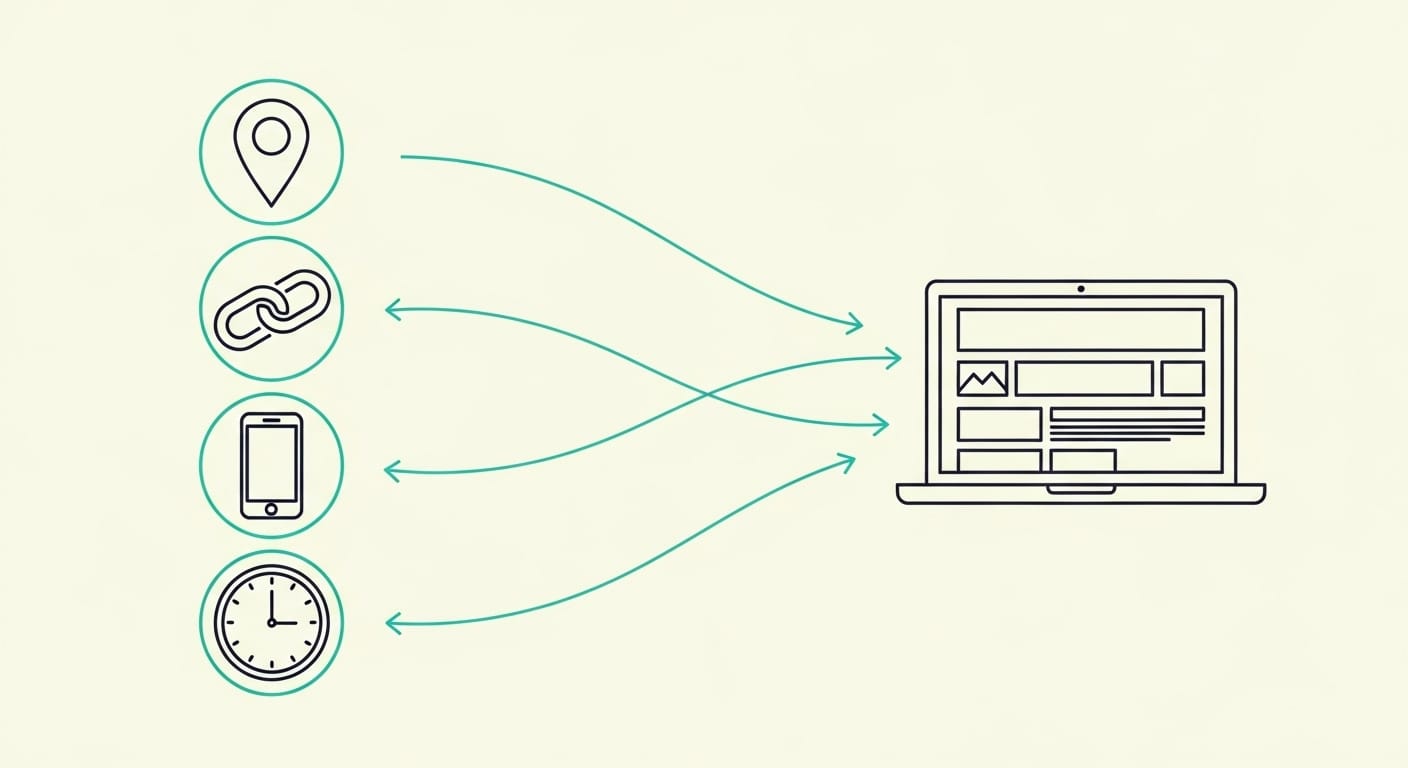 Diagram showing four personalization signals (location, campaign, device, time) feeding a personalized browser page