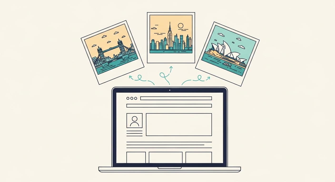 Laptop showing a webpage with three swappable city photos for London, New York, and Sydney visitors