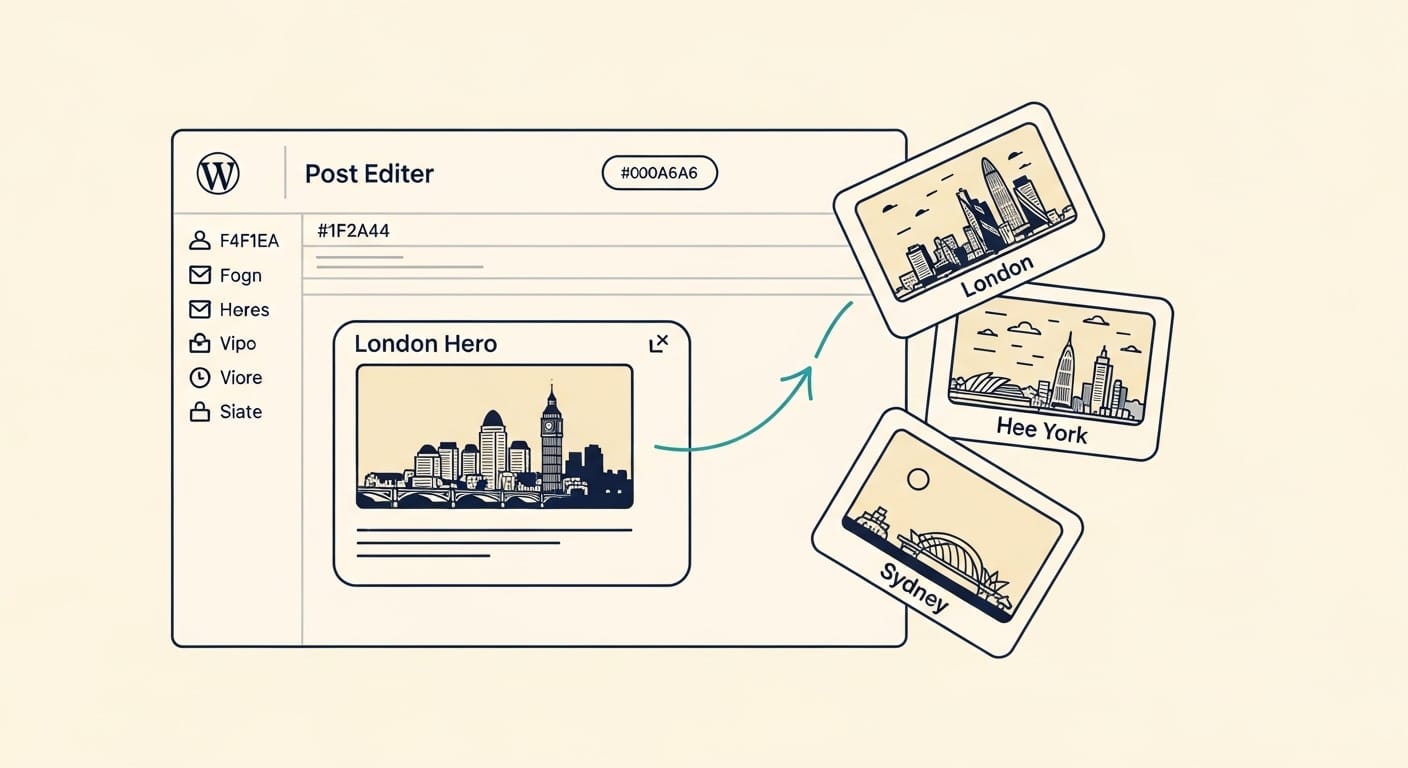 WordPress post editor showing three variant hero image cards for London, New York, and Sydney visitors
