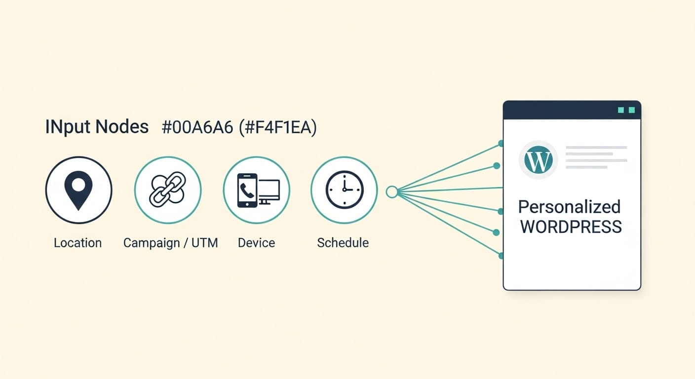 Diagram showing four personalization signals (location, campaign, device, schedule) feeding into a WordPress page layout