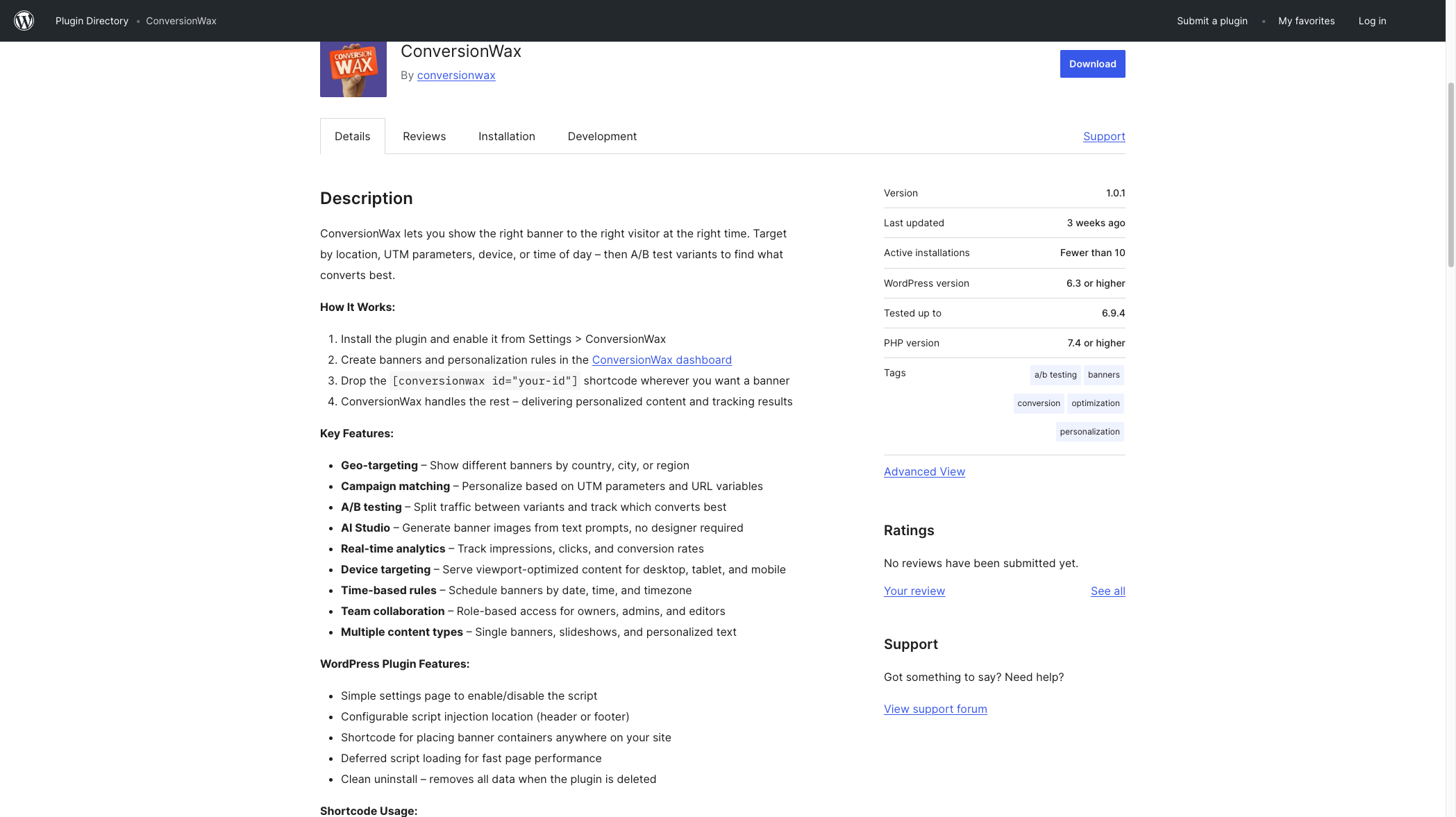 ConversionWax listing on the WordPress.org plugin directory showing description, version, and feature list