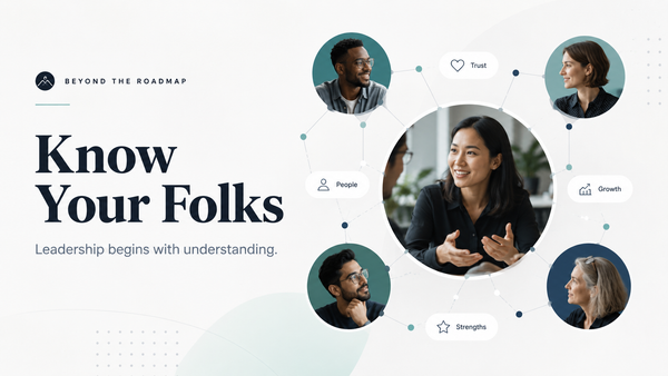 Editorial image showing connected team members around the theme of trust, growth, strengths, and people-first leadership.
