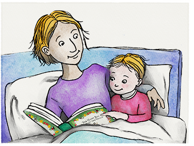 Mom and child reading a book in bed