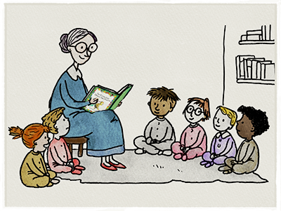 Librarian reading to group of children at story hour