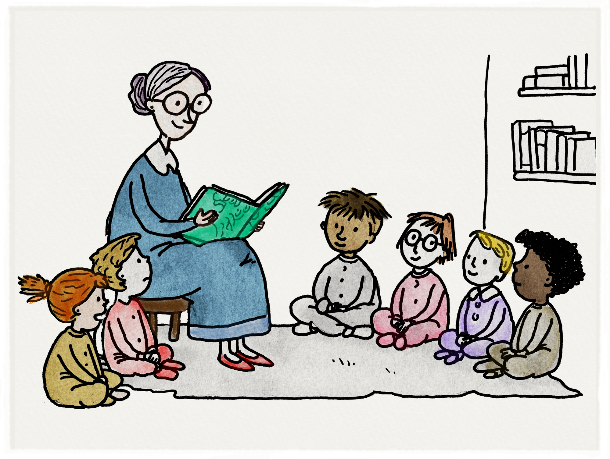 A librarian with children and books