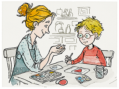 Therapist and child with storybook, child making a character face