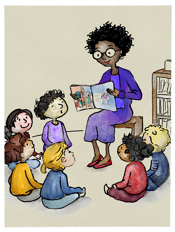 Librarian reading to a group of children at story hour