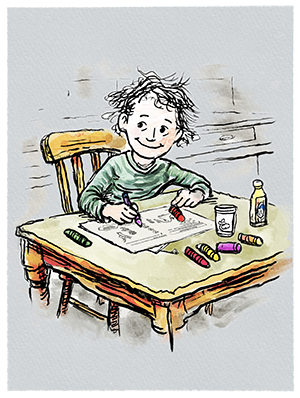 Child coloring in a story playbook
