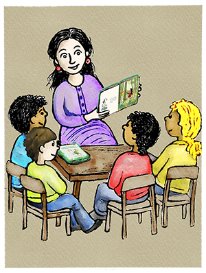 A teacher reading with a small group of children
