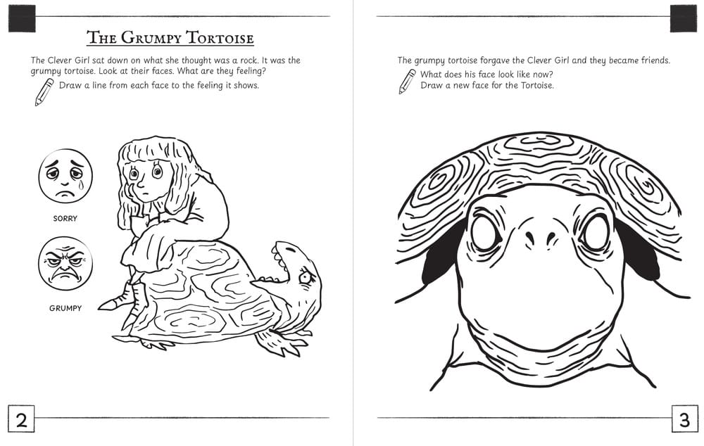 Two printable pages. On the first, a child draws a line from the Clever Girl's face and the Tortoise's face to the feeling each one shows. On the second, a large blank Tortoise face to redraw once he has forgiven her.