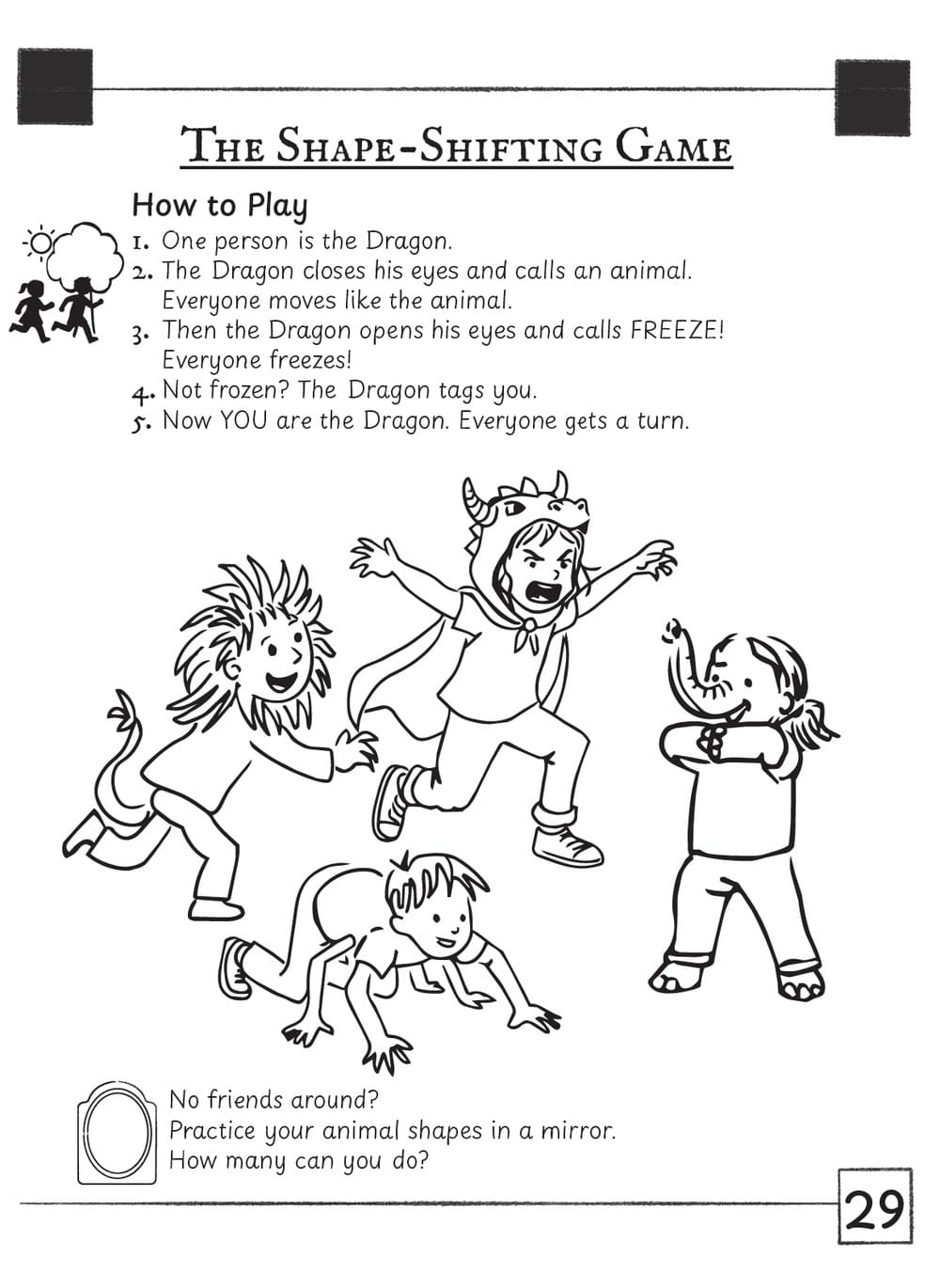 A printable page headed The Shape-Shifting Game, with five numbered rules and a drawing of four children frozen mid-play as a lion, a dragon, an elephant and a child crawling on all fours.