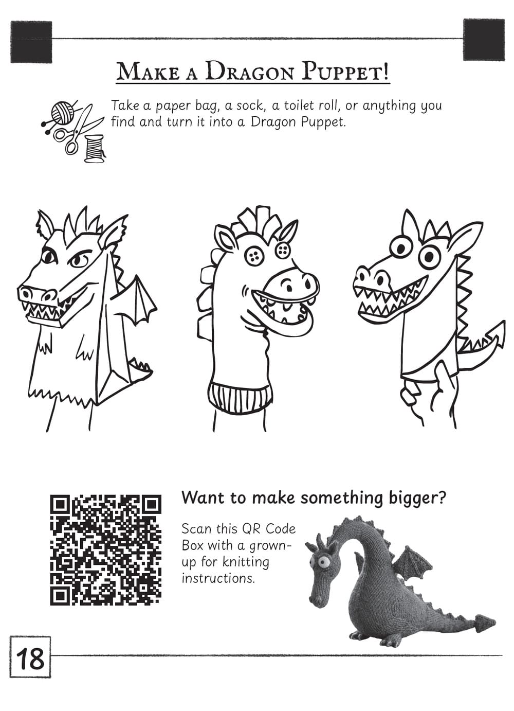 A printable craft page showing how to build the Dragon from the story out of a paper bag, a sock, a toilet roll or an old glove, with no fixed pattern to follow.