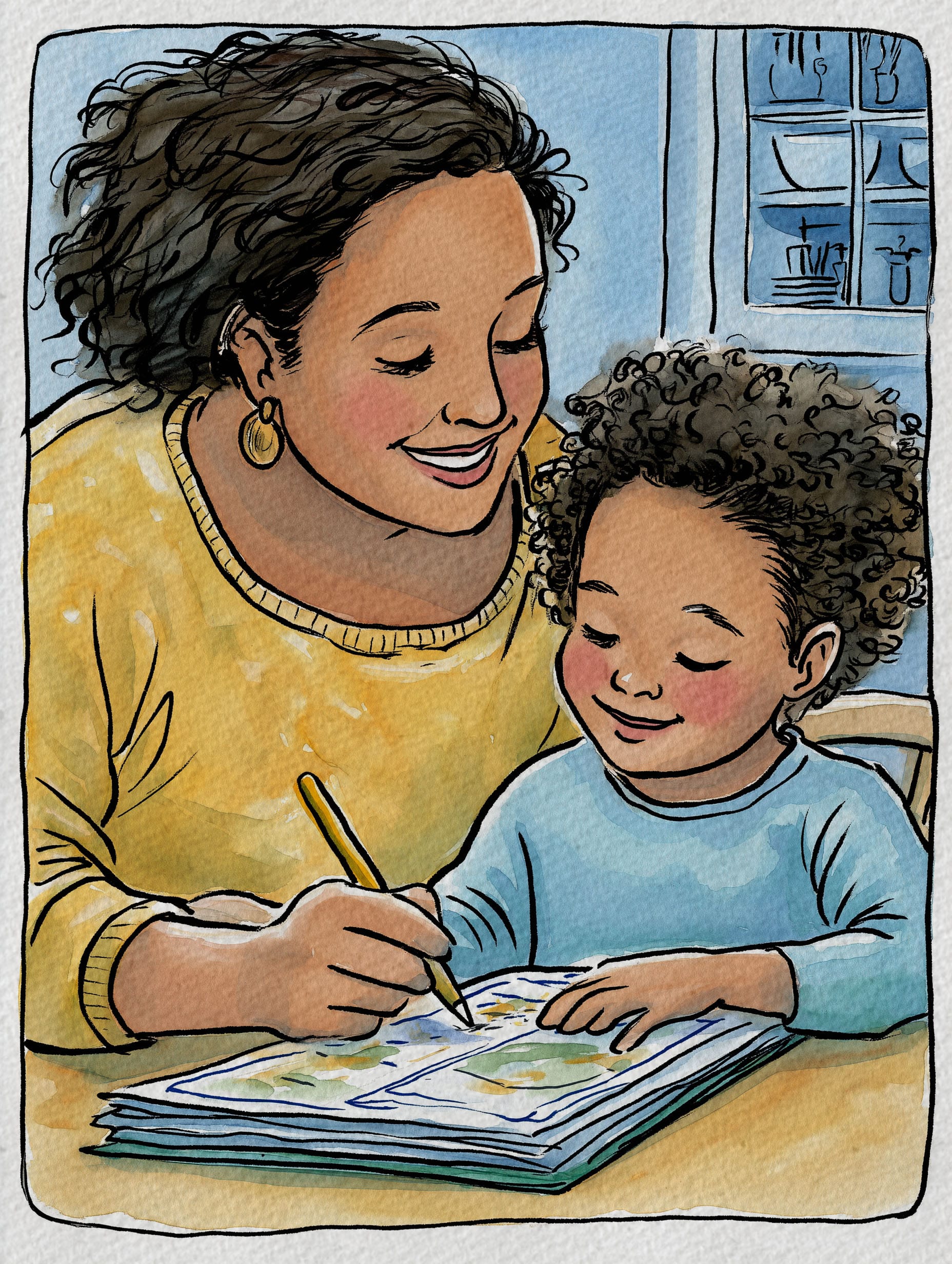 A mother in a yellow jumper leans over her son's shoulder at the kitchen table as he colours in a printed activity page with a pencil.