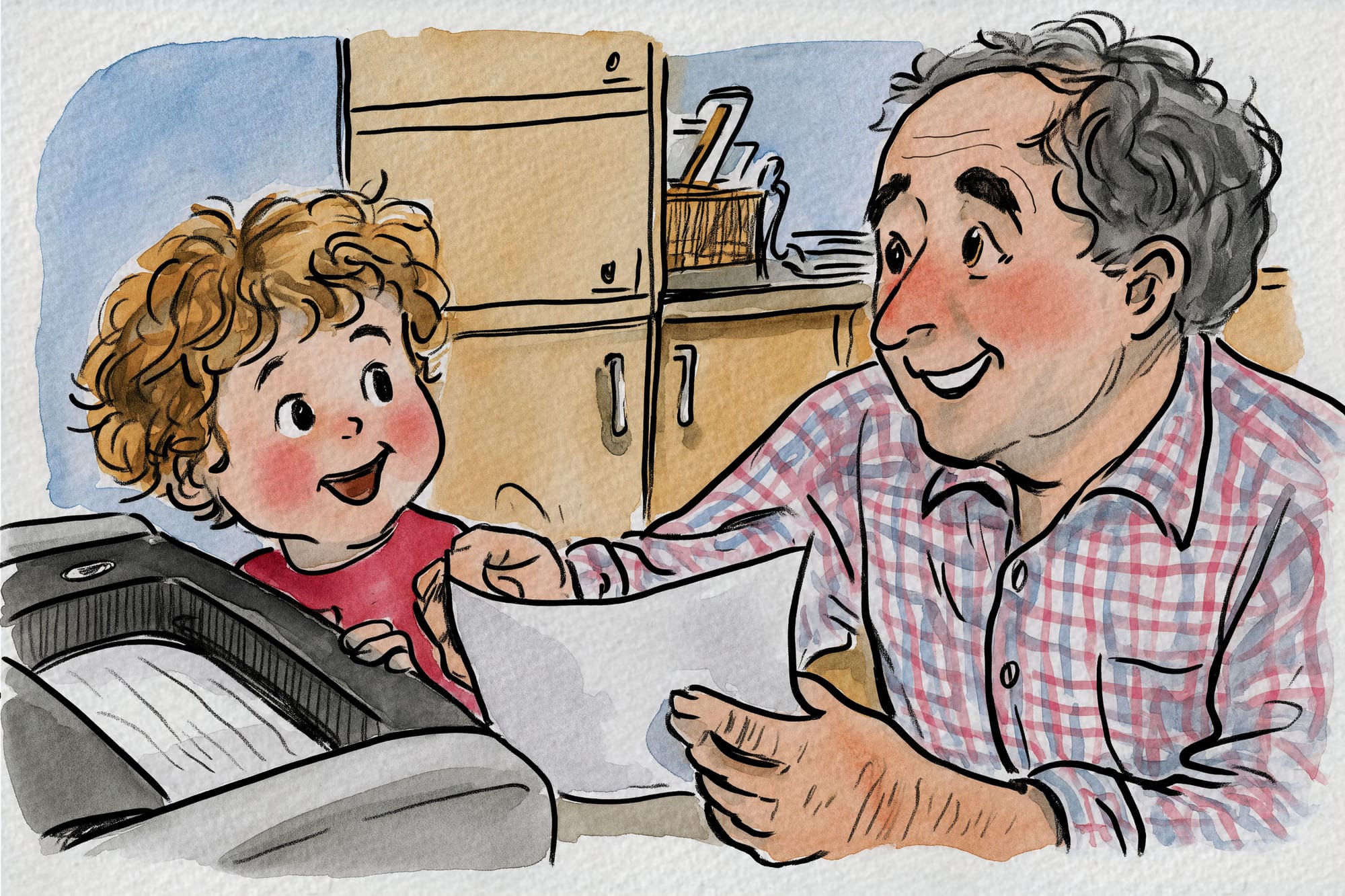 A small boy standing at a printer passes a freshly printed activity sheet to his grandfather, who is smiling and reaching to take it.