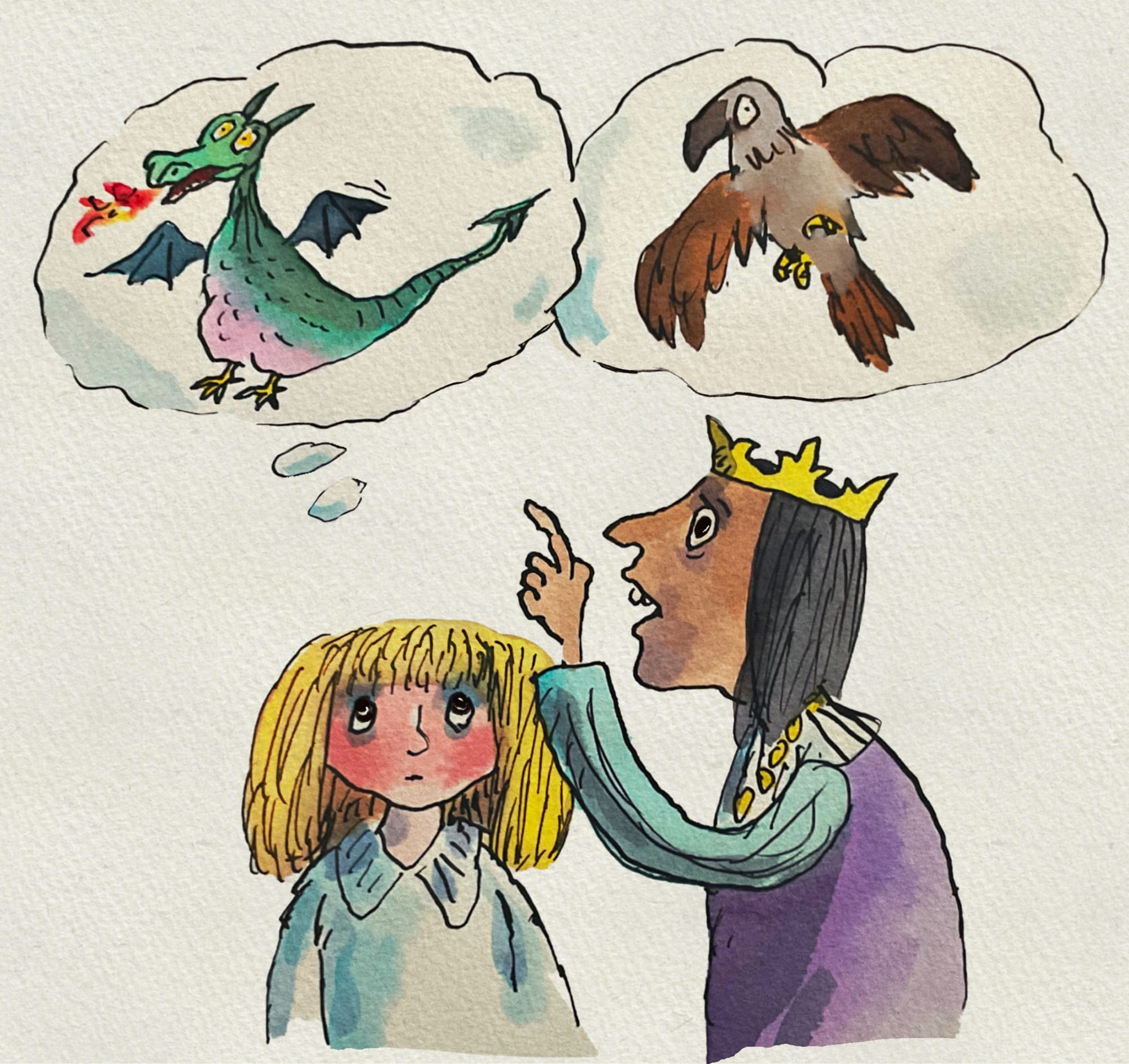 A crowned queen points upward as a young girl listens, thought bubbles above them showing a dragon and a hawk.
