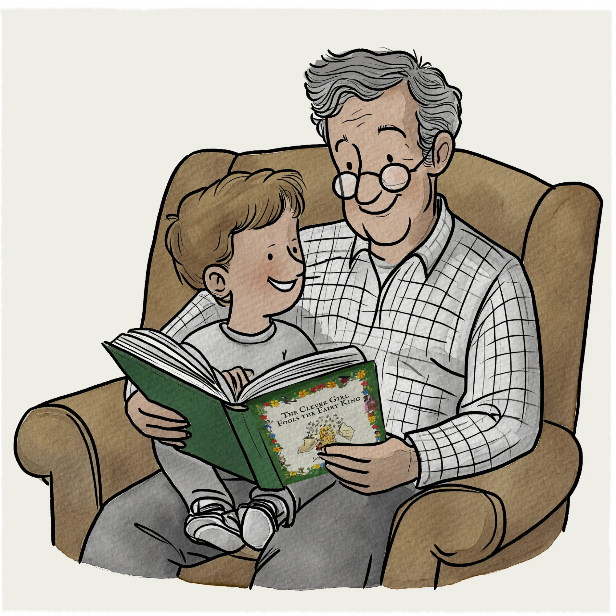 A grandfather in a checked shirt reads The Clever Girl Fools the Fairy King aloud from a hardback while his grandson leans back against him in the armchair.