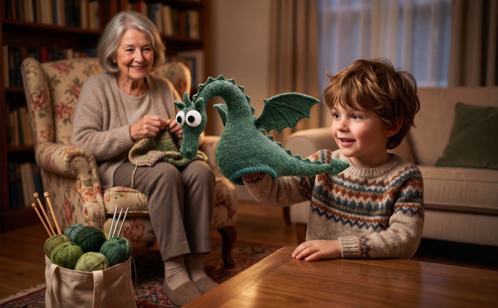 A boy plays with a knitted green dragon puppet at a table while his grandmother knits in an armchair behind him, a bag of green wool at her feet.