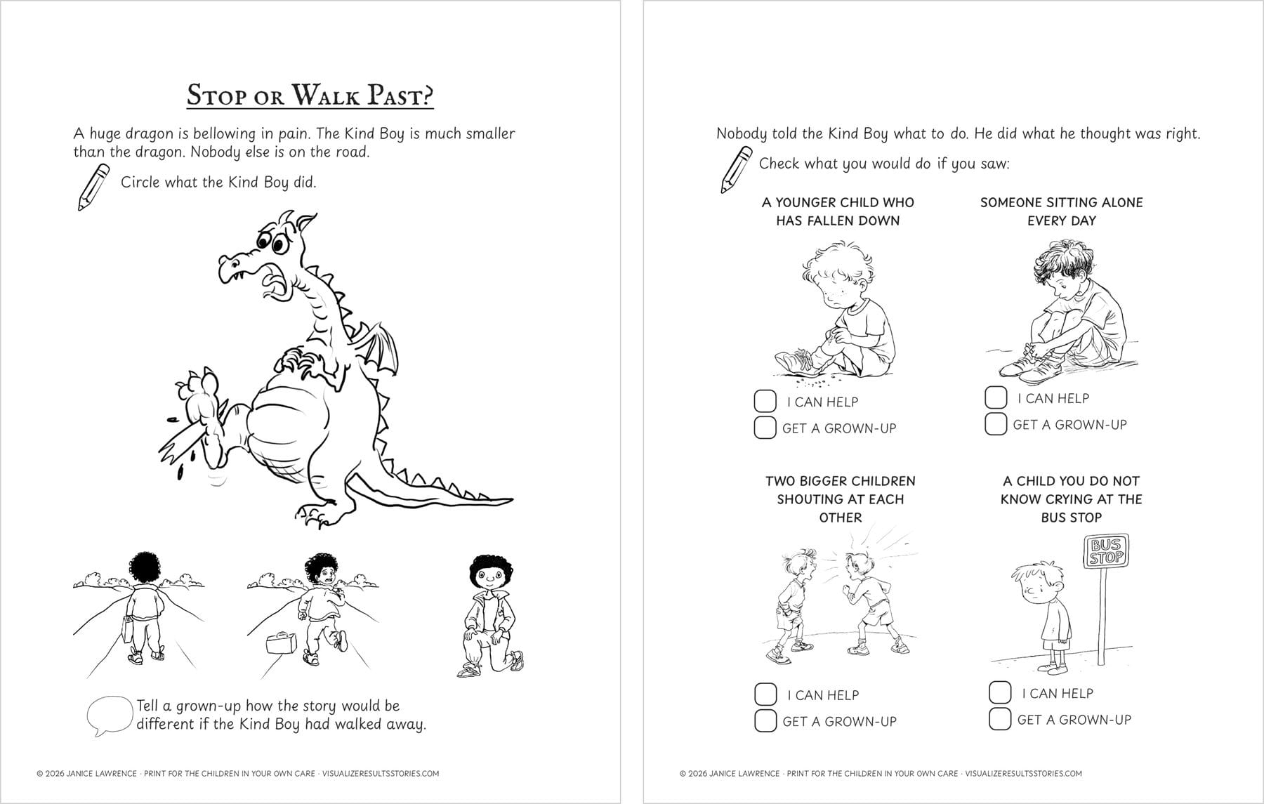 The two activity pages of Stop or Walk Past?: circle what the Kind Boy did, then choose I can help or get a grown-up.