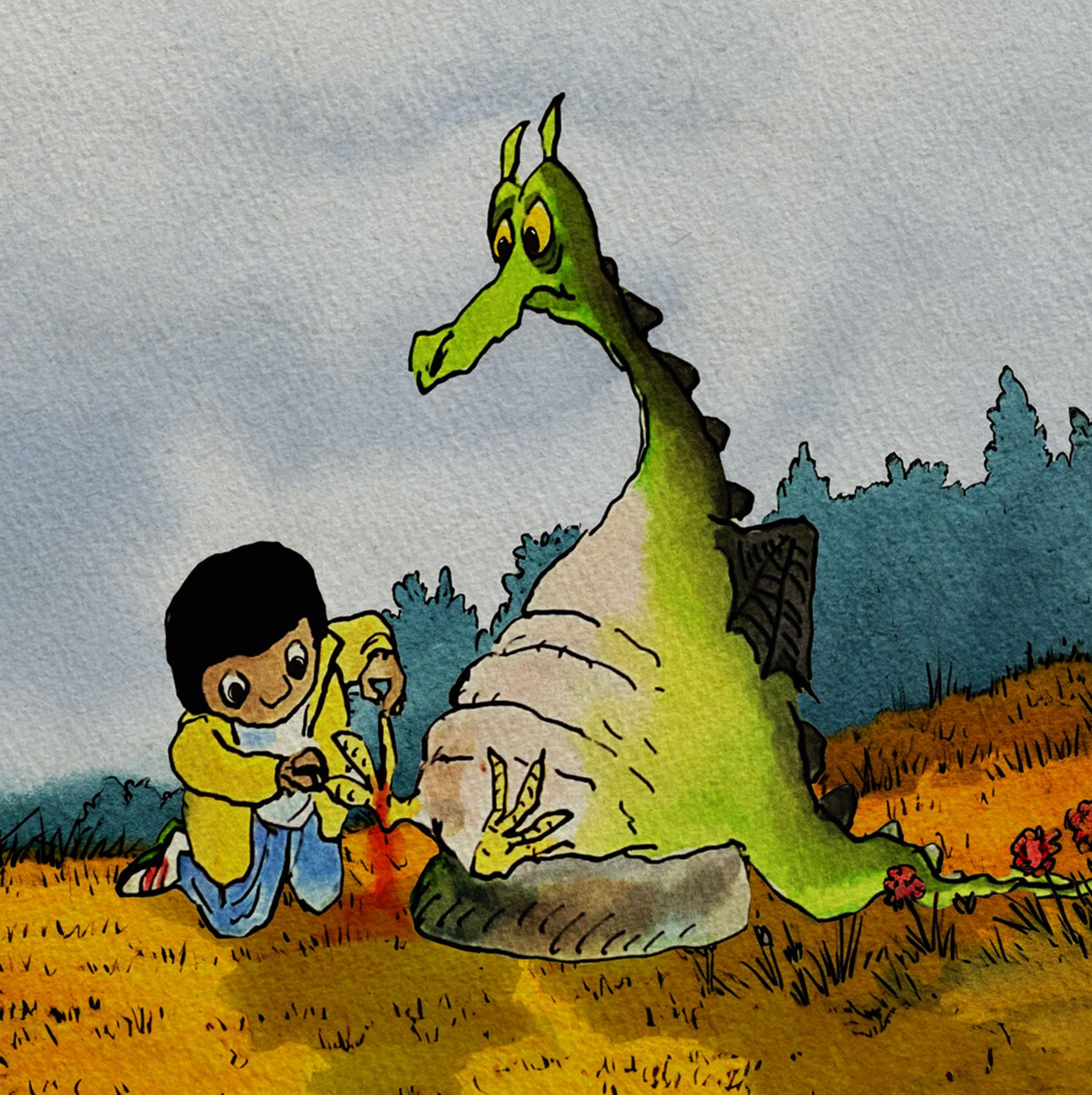 A boy in a yellow coat kneels at a green dragon’s foot, pulling out a splinter while the dragon watches.