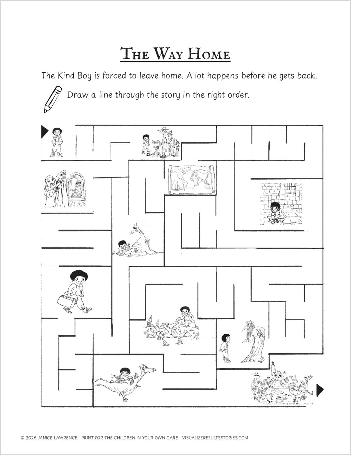 A maze page with eleven small pictures from the Kind Boy’s story placed along its paths.
