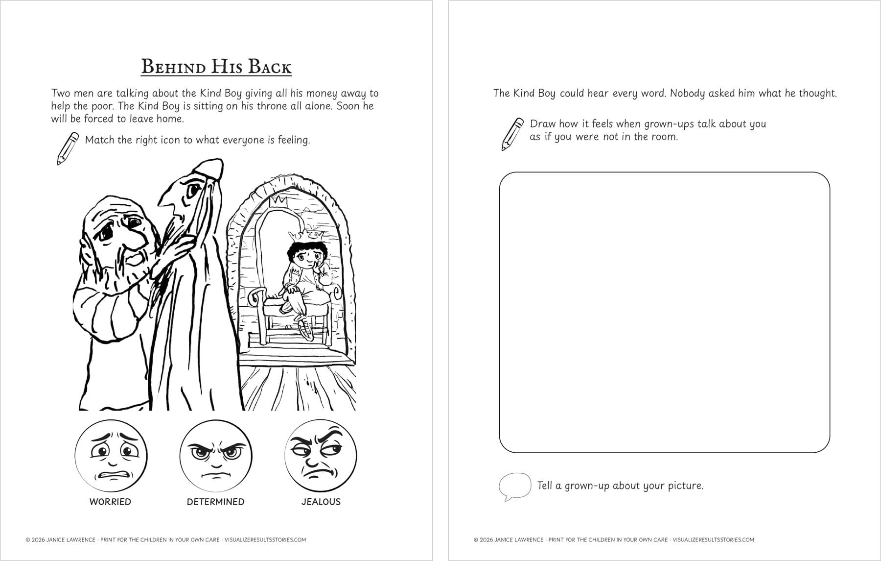 The two Behind His Back pages: two men whisper beside the Kind Boy on his throne, then a blank box to draw in.