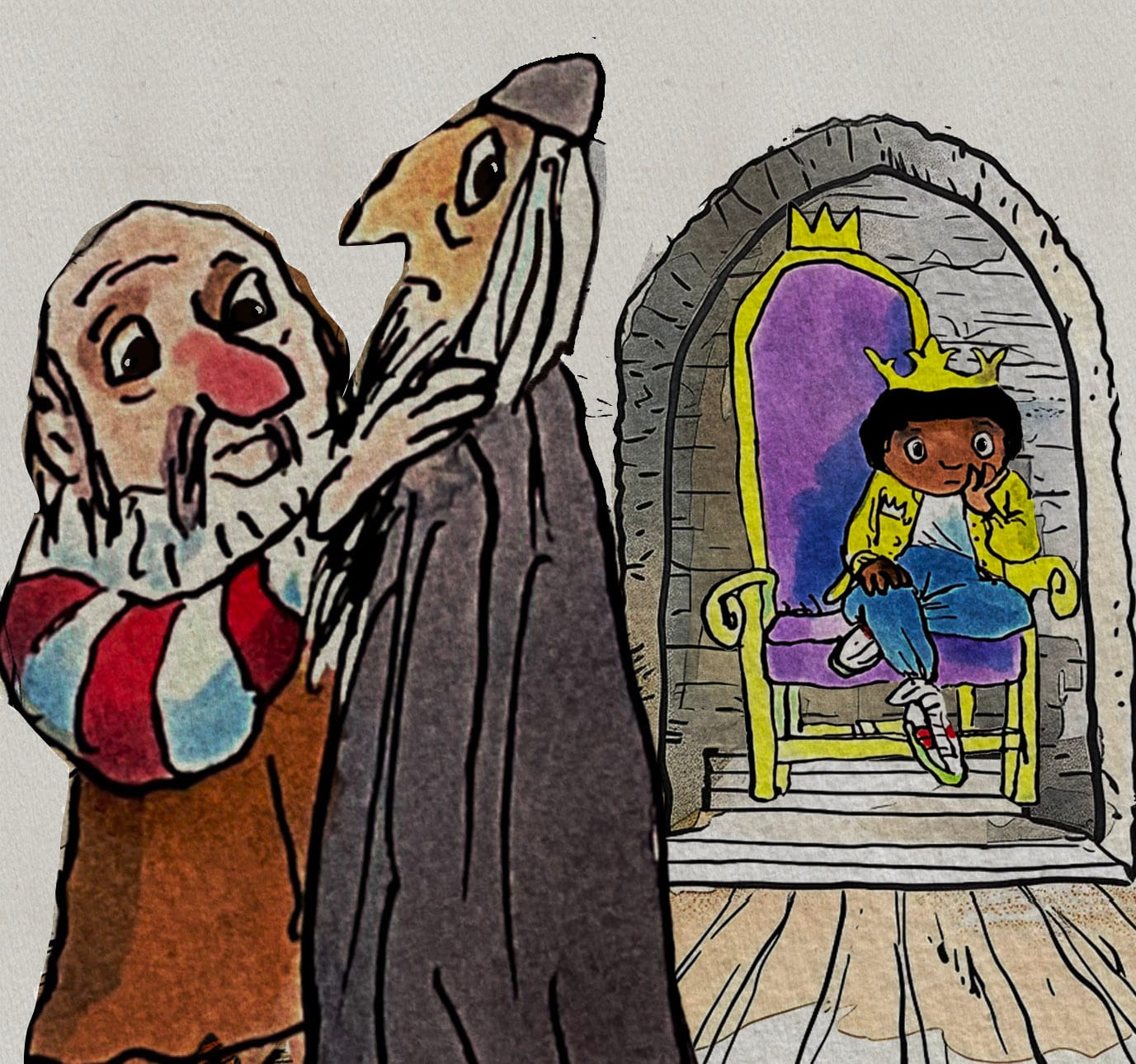 Two old councillors whisper together while the young Kind Boy sits alone on a purple throne behind them.