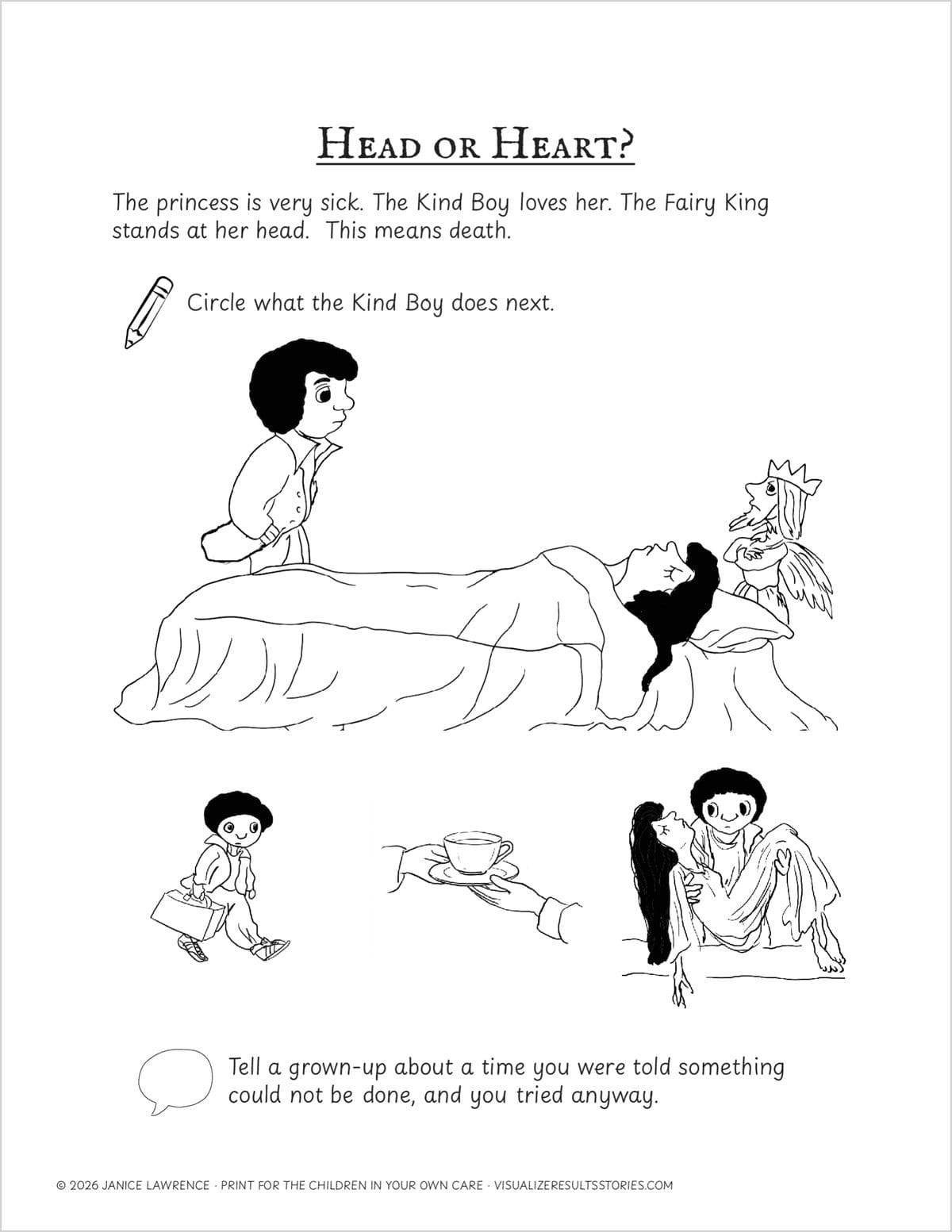 The Head or Heart page: the Fairy King stands at the sick princess’s head, with three next moves to circle below.