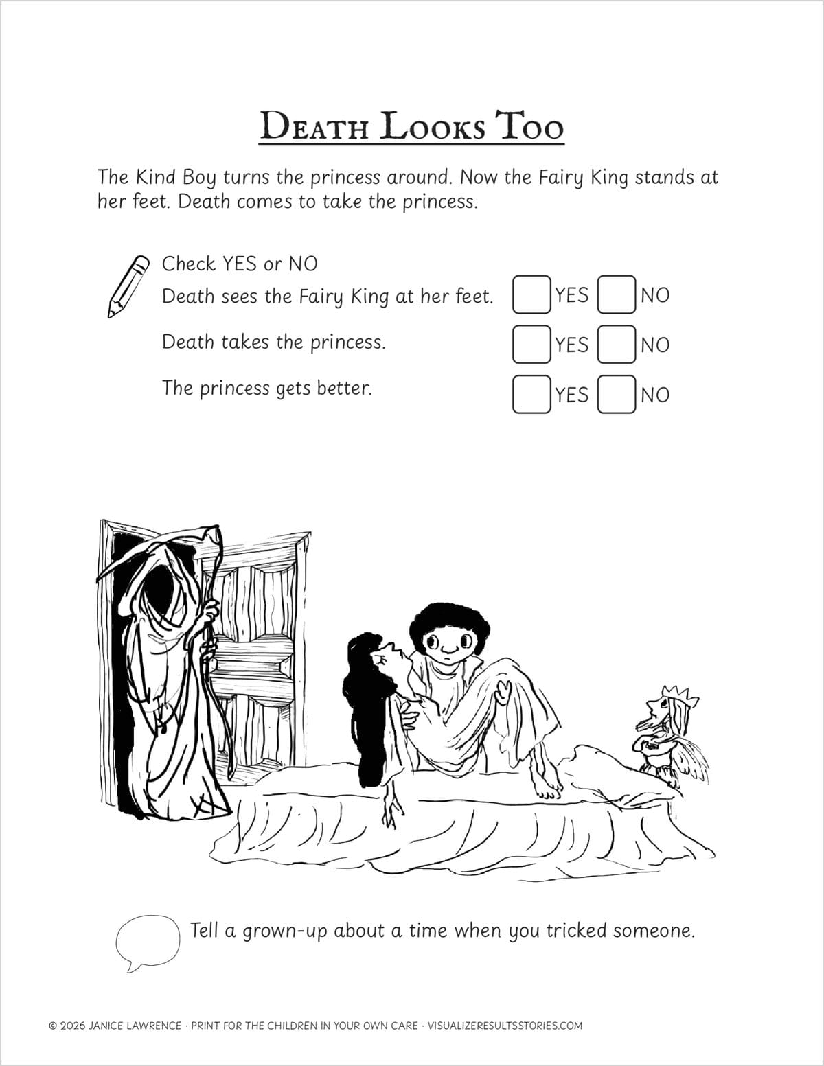 The Death Looks Too page: Death stands in the doorway, with three yes or no questions to check.