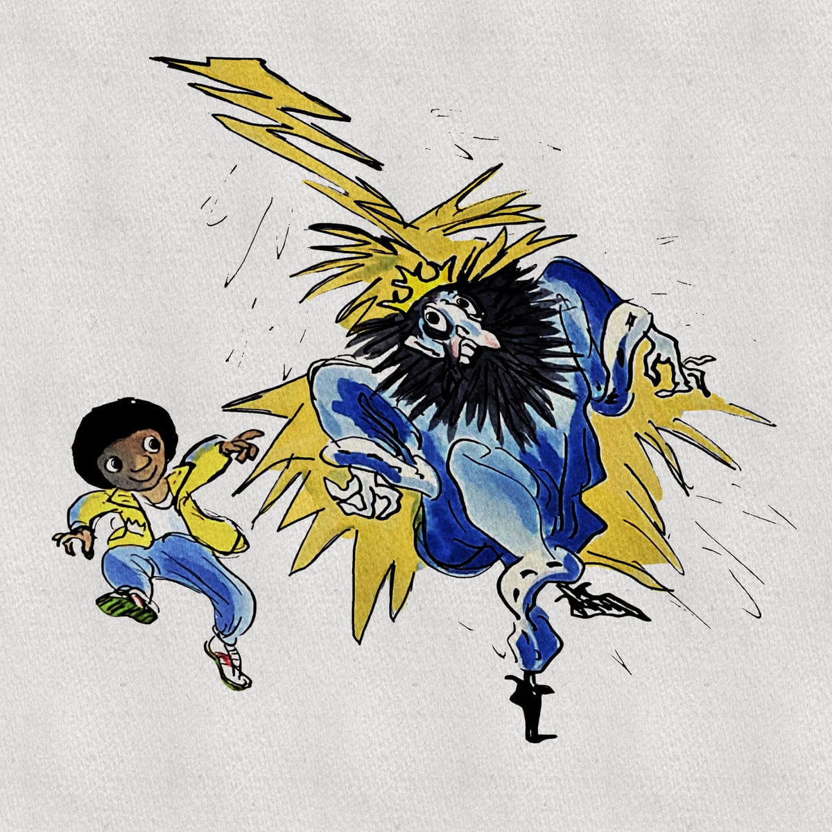 Lightning strikes the greedy king while the Kind Boy leaps out of the way.