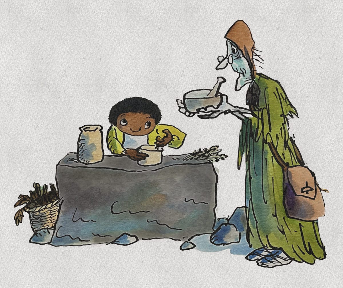 The Kind Boy grinds herbs at a stone table while the old healer watches, holding a bowl.