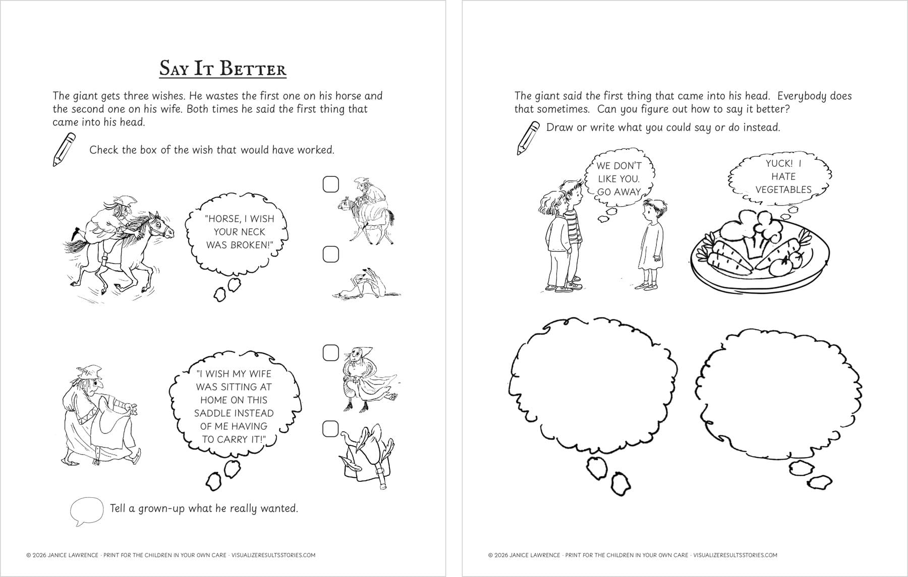 The two Say It Better pages: the giant’s two angry wishes with better choices to check, then two empty speech bubbles.