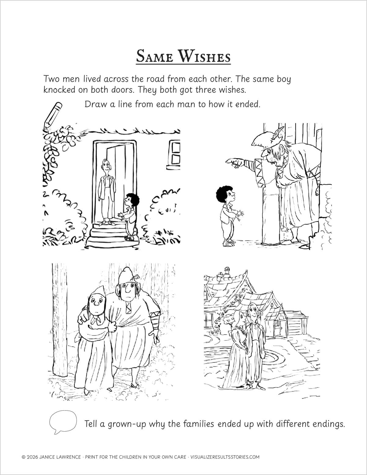 The Same Wishes page: two doors along the top, two endings along the bottom, and a line to draw from each man to his ending.