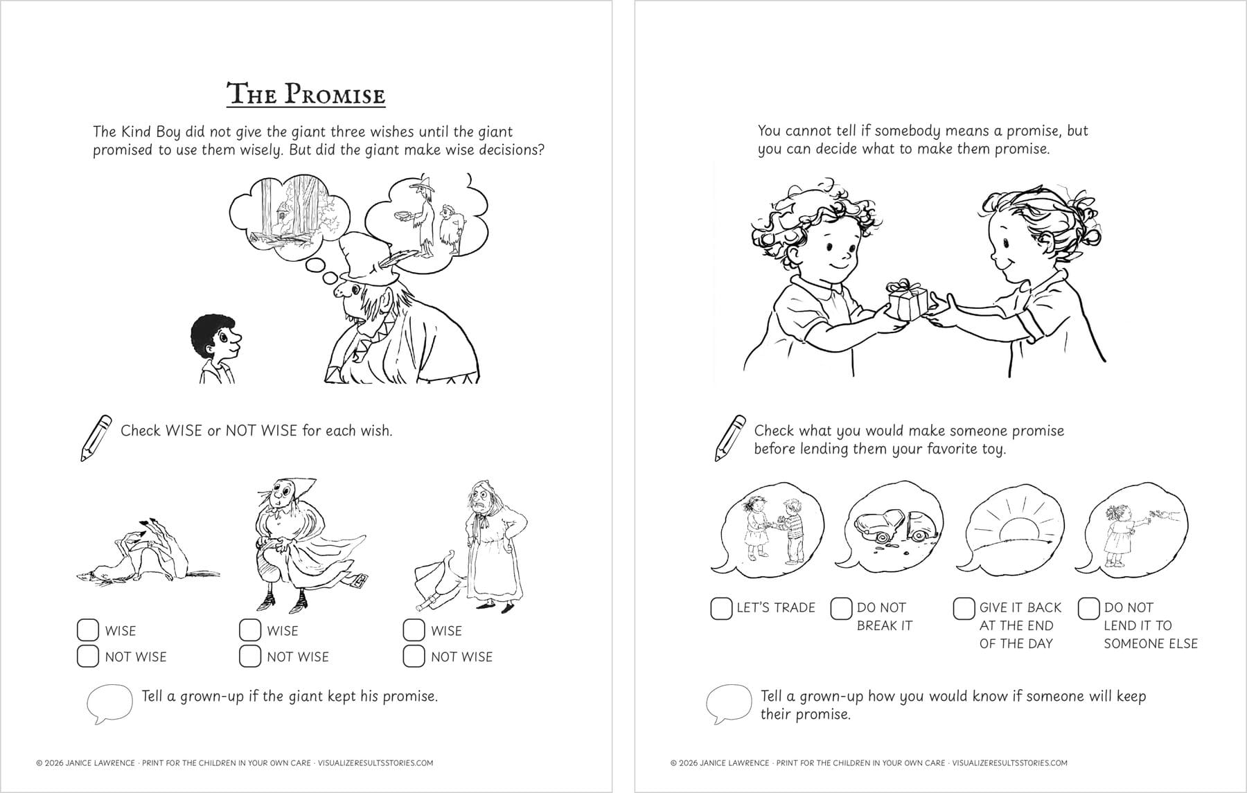 The two Promise pages: the giant’s three wishes to mark wise or not wise, then four promises to choose before lending a toy.